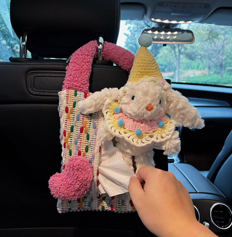 Cute Rabbit Heart-Shaped Car Tissue Box, Car Tissue Hanging Bag, In-Car Hanging Style High-End Tissue Box
