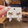 Silver needle, long fashionable earrings with bow, silver 925 sample, Korean style, diamond encrusted, internet celebrity, city style, simple and elegant design