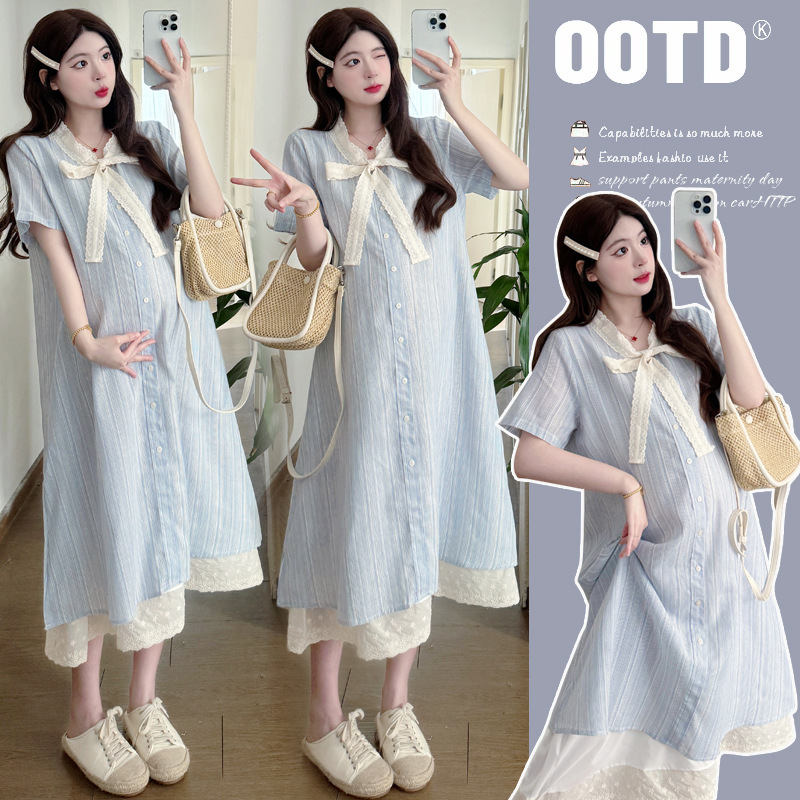 Real shot in stock 2025 summer new maternity dress single-breasted lace stitching bow fake two-piece dress Real shot in stock 2025 summer new maternity dress single-breasted lace stitching bow fake two-piece dress