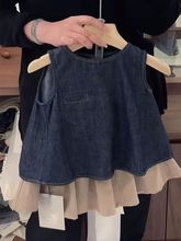 女童夏季新款韩版甜美风牛仔露背无袖背心上衣宝宝褶皱半身裙套装