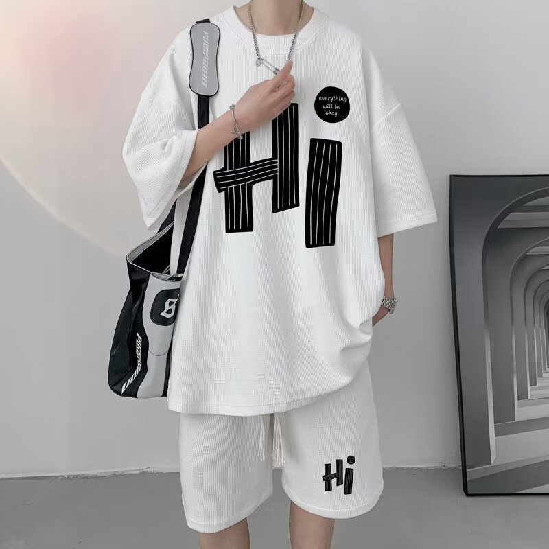 夏のワッフルスポーツスーツメンズオーバーサイズハンサムTシャツショーツツーピースセットトレンディなメンズファッションウェア|undefined