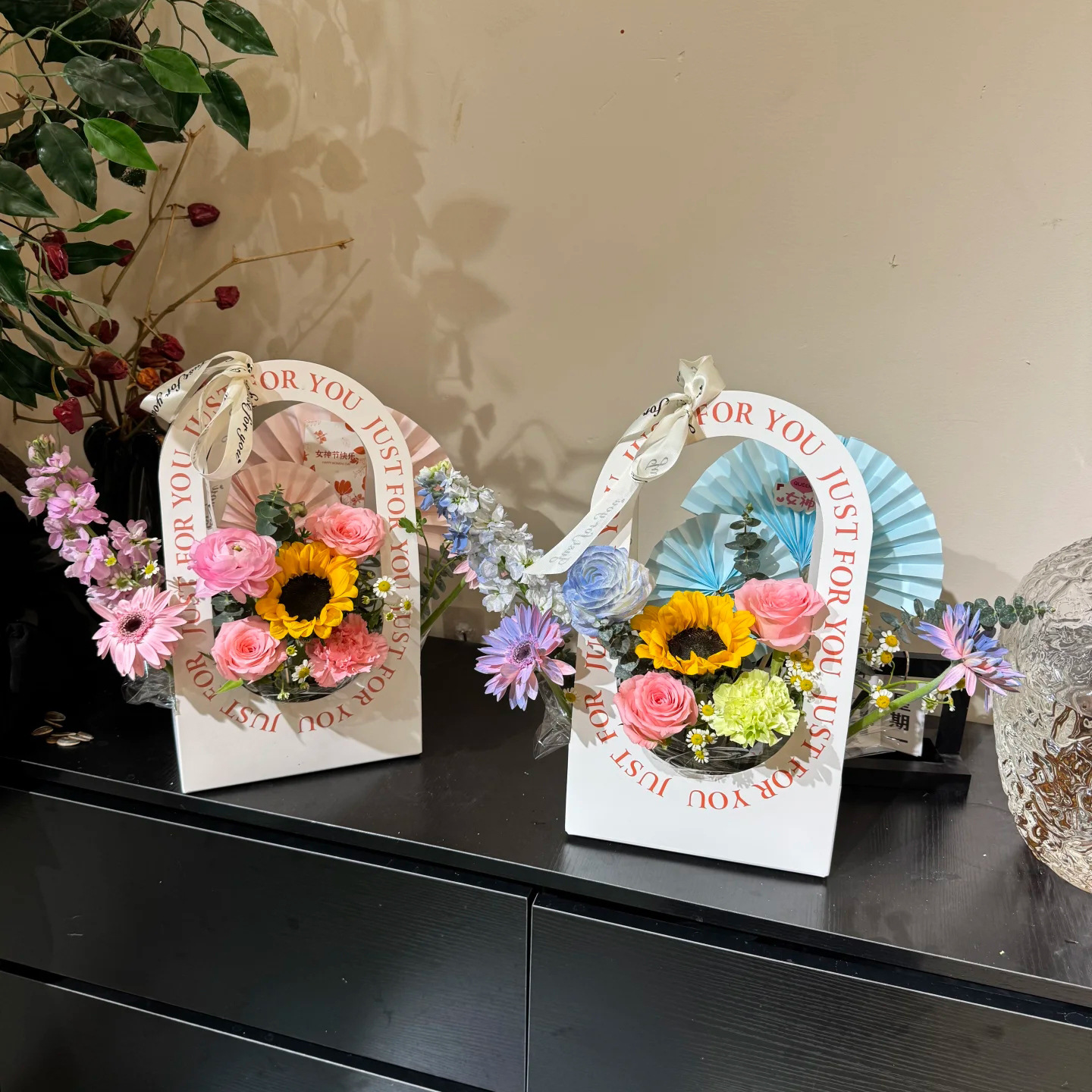 英文手提盒鲜花手提袋diy插花材料花艺资材鲜花包装花艺手提花盒