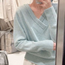 25冬女装羊毛衫韩系不规则V领简约纯色软糯羊毛骆驼绒针织衫毛衣