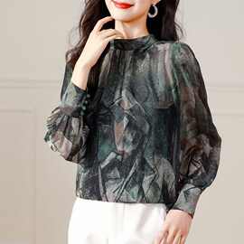 高档雪纺衫2025早秋新款立领灯笼袖套头复古法式风印花洋气小衫