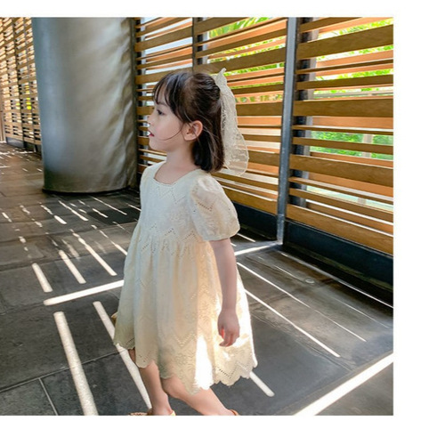 Korean version girls' summer dress new baby girl short sleeve cotton skirt fashionable children lace princess dress wholesale