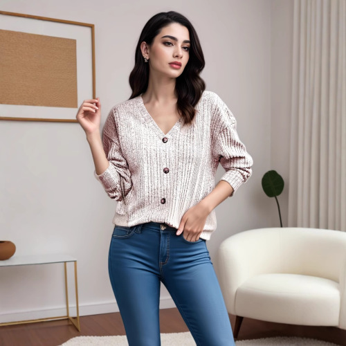 European and American Women's Autumn/Winter Knitted Button Sweater, Casual Long-Sleeve Loose T-Shirt Top for Women