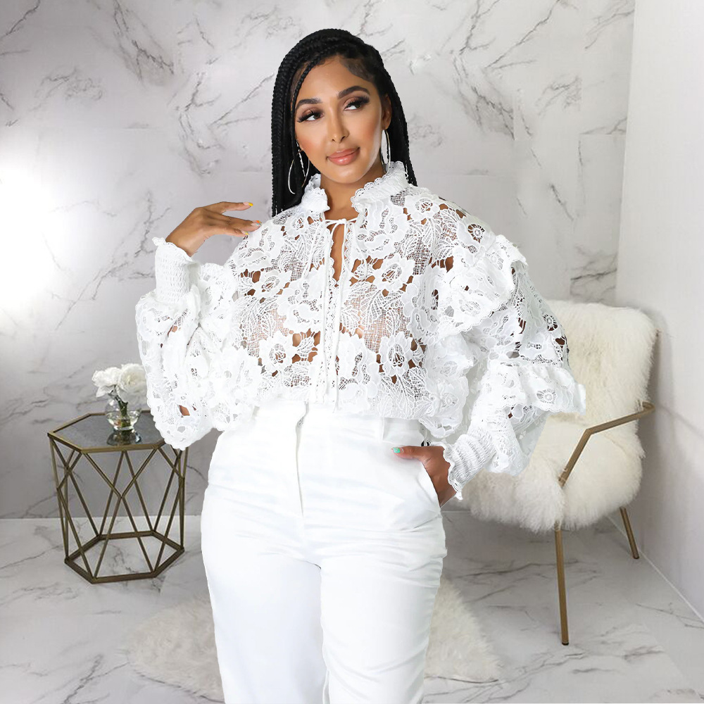 K10200 Amazon AliExpress 2022 transfronteriza europea y americana de las mujeres de encaje hueco con cordones cardigan linterna manga abrigo