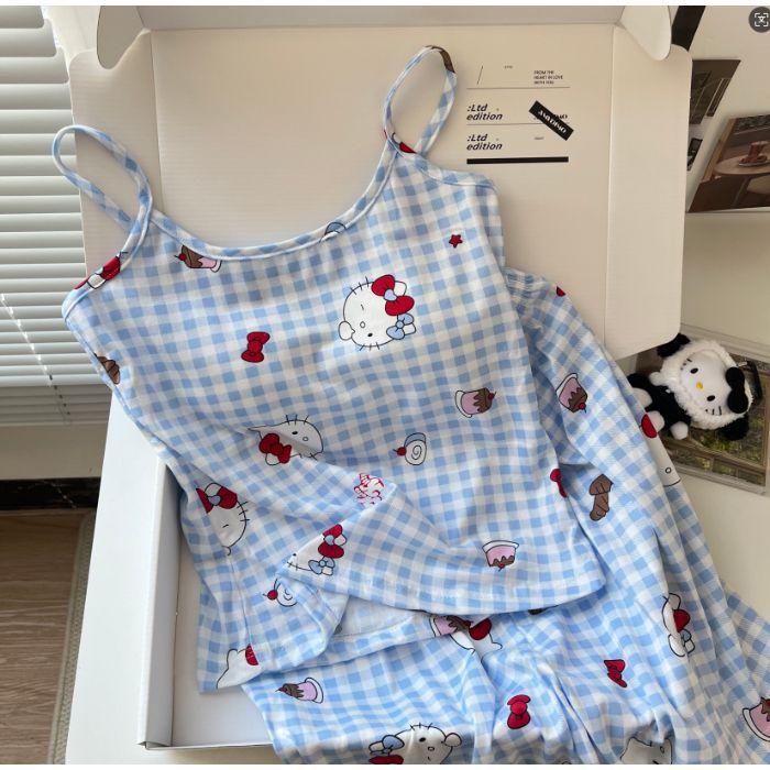 Con almohadilla para el pecho, pijamas hellokitty, pantalones cortos de verano para mujer, suéter de tirantes, lindo traje de servicio a domicilio coreano, algodón de imitación