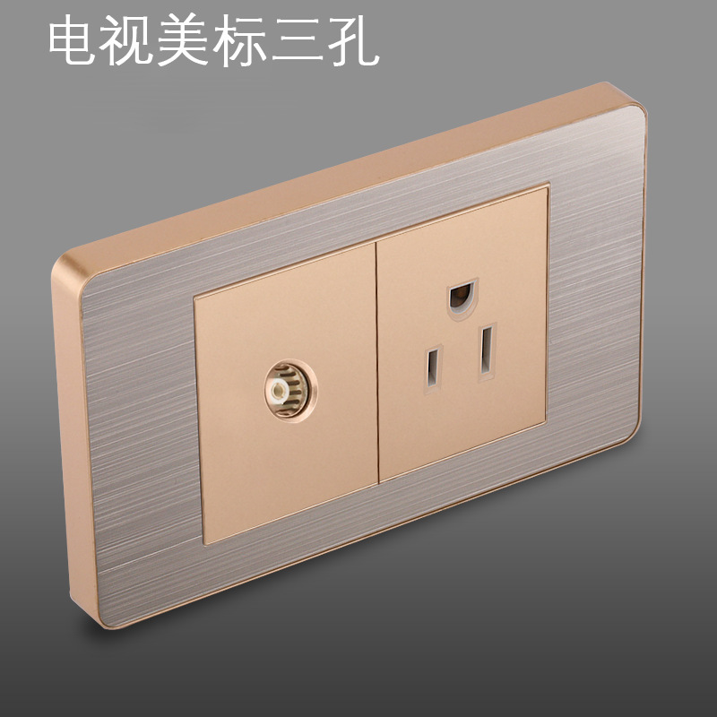 Panel de enchufe de metal estándar estadounidense de acero inoxidable dibujado oro tres agujeros Taiwan conmutador USB suministro directo de fabricantes de enchufes