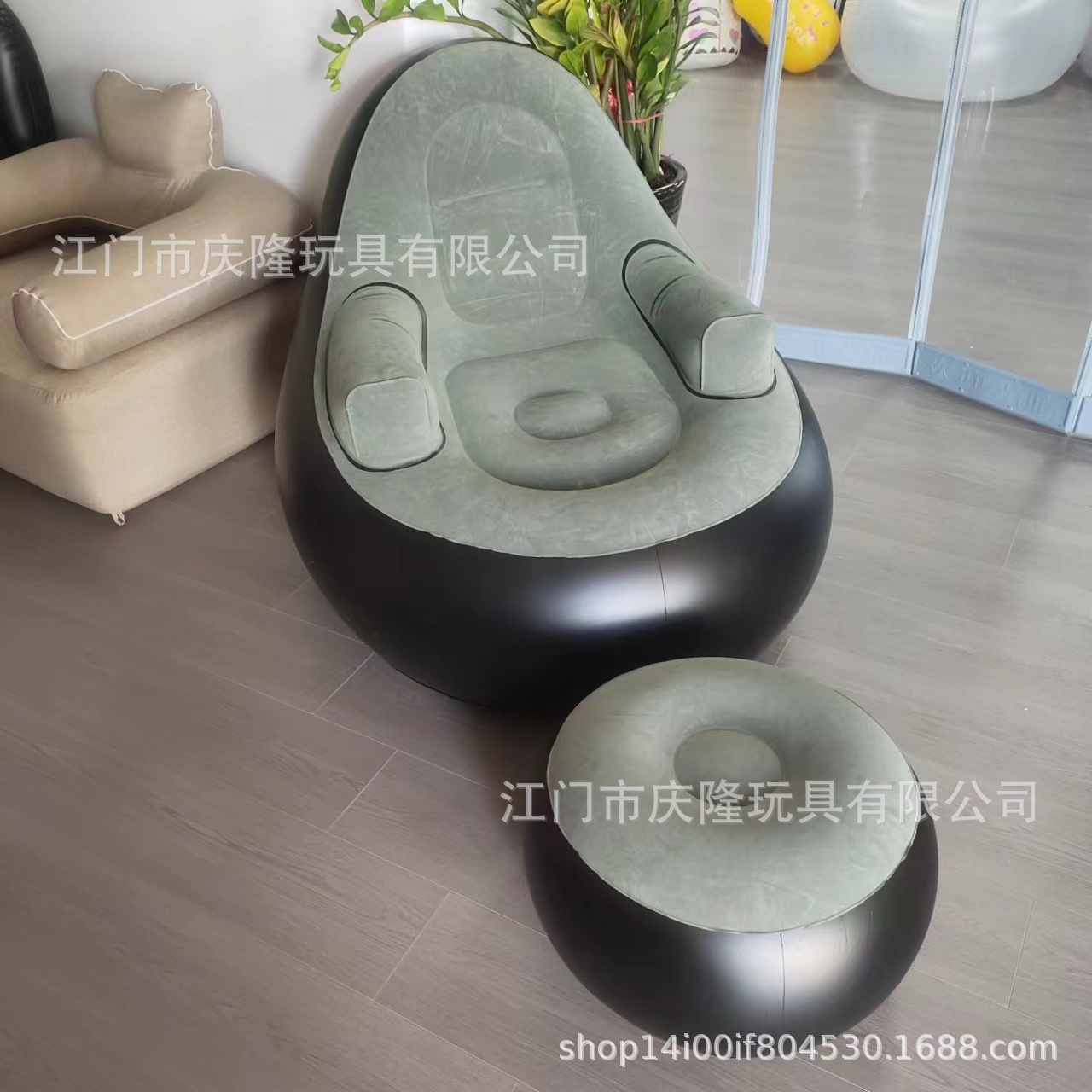 Nuevos productos de stock flocado sofá inflable acampado al aire libre una sola persona clásico gris sillón cama inflable de PVC portátil
