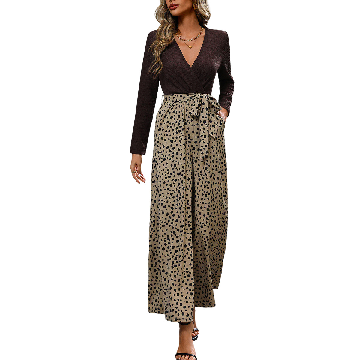 Kaikuo amazon mono de mujer europea y americana 2023 otoño e invierno elegante de manga larga con cuello en v superior pantalones anchos