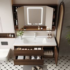 中国式胡桃木知能風水鏡陶磁器一体浴室キャビネットセットトイレ手洗い洗面台洗面台