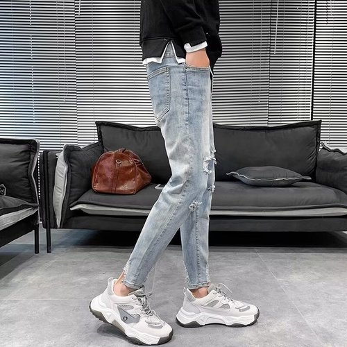 Selected Holey Jeans for Men - Rugged Style Summer Thin Version Streetwear Korean Version Nine-Eighth Body-Fitting Slim Pants