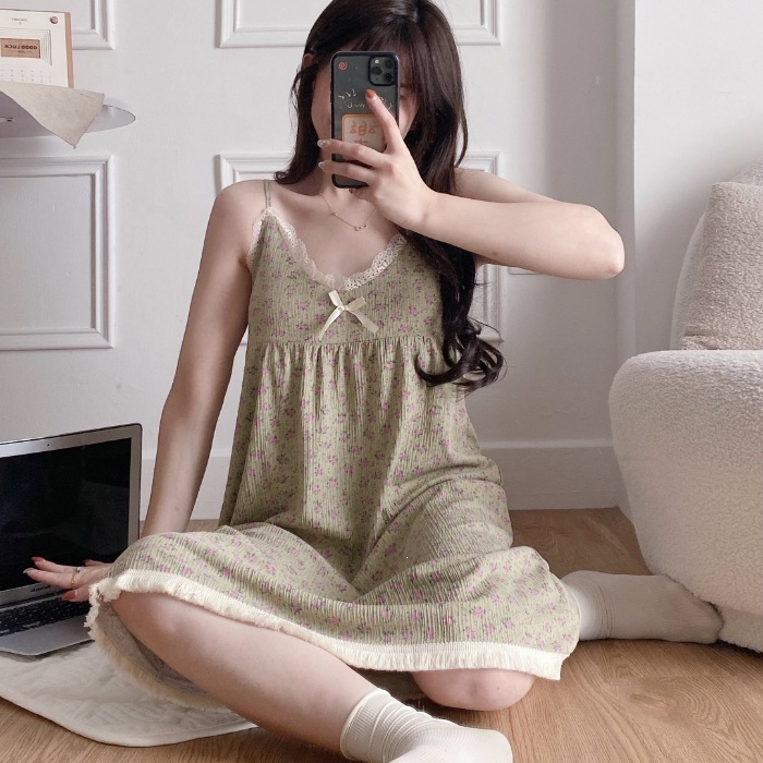 Pijamas con cojín de pecho, pijamas de mujer, falda suelta, estilo coreano, lindos dibujos animados, ropa para el hogar, pijamas transfronterizos.
