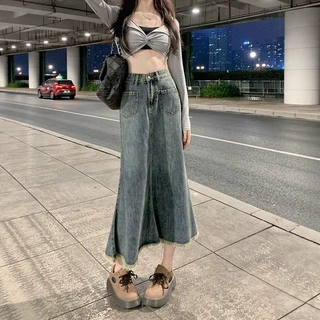 复古港风牛仔半身裙女2026新款毛边中长裙高腰显瘦a字包臀牛仔裙.