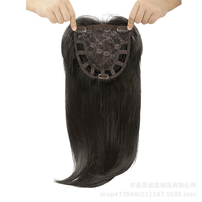 跨境欧美假发女 化纤发块八字刘海长直发头顶补发块遮白发隐形wig|undefined