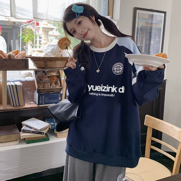 Ранняя осенняя свитер женская американская ленивая стилевая цветовая рубашка с рукавами с круглым вырезом