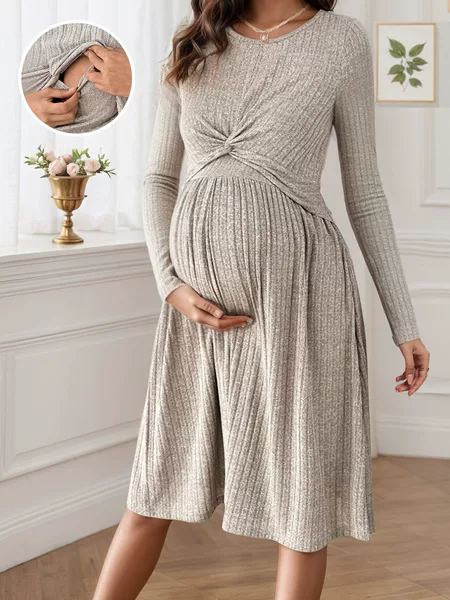 European and American Cross-Border Amazon New Model Front-Tie Double-Layer Design Round-Neck Flared Maternity Nursing Dress