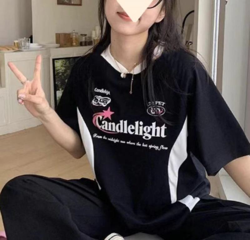 时尚潮牌爆款百搭机车拼色印花短袖t恤女夏季拼接宽松百搭上衣ins|undefined