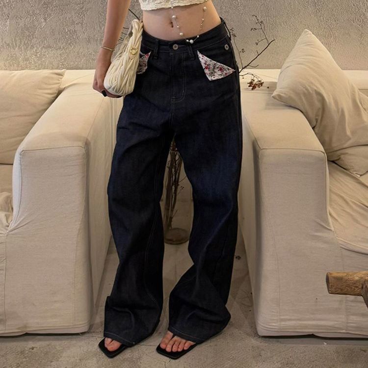 美式复古设计感赤耳碎花拼接牛仔裤子女辣妹亚文化宽松显瘦直筒裤|undefined
