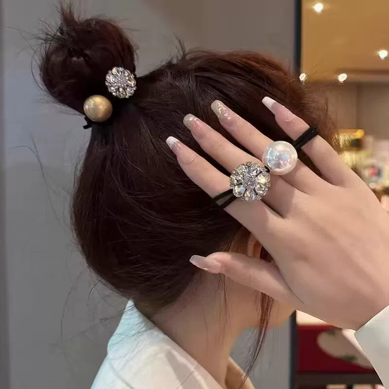 Жемчужная сверкающая повязка для волос с бриллиантами и цветком для женщин, элегантный хвост, универсальная шариковая веревка для волос, черная повязка на голову с высокой эластичной резинкой