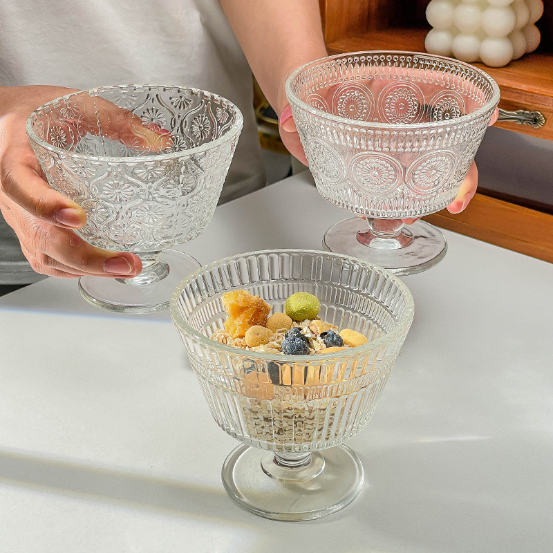 レトロなレリーフ太陽花ガラスボウルins風家庭用アイスクリームアイスクリームボウルヨーグルトオート麦朝食デザートボウル|undefined