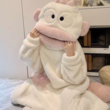 大嘴丑鱼睡衣秋冬季加绒加厚长款睡袍卡通情侣搞怪可爱连体家居服