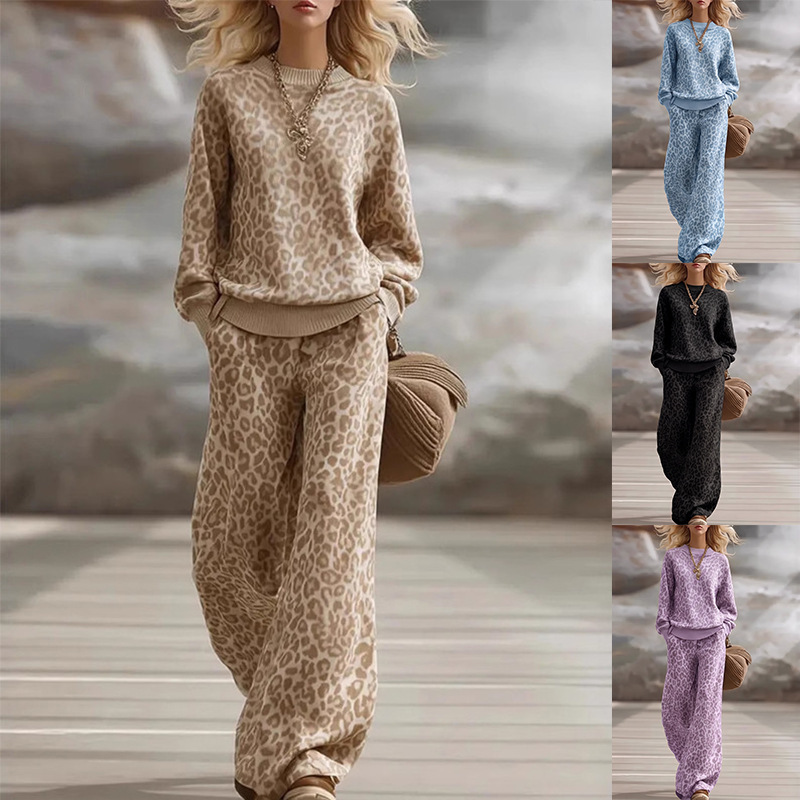 2026 Autumn/Winter European and American Amazon Cross-Border Light Brown Leopard Print Set Long Sleeve Slim Fit Sweatshirt Retro Casual Pants