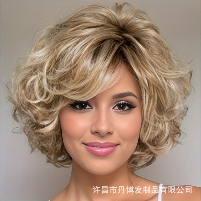 Cross-Border European and American Women's Wig with Oblique Bangs, Short Curly Hair, Fluffy Chemical Fiber Headgear, Female Light Golden Short Hair Synthetic Wig