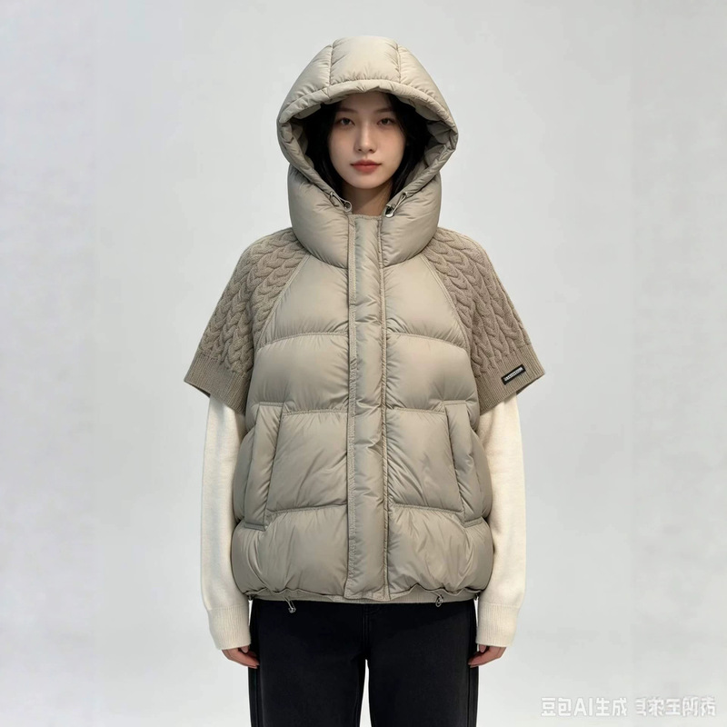 2026 Fall/Winter New Design Hooded Knit Short-Sleeve Down Vest for Women, Short Loose Casual Jacket