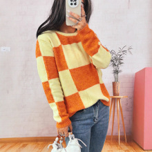 跨境亚马逊秋冬新款简约休闲大格子撞色针织套头衫圆领长袖毛衣女