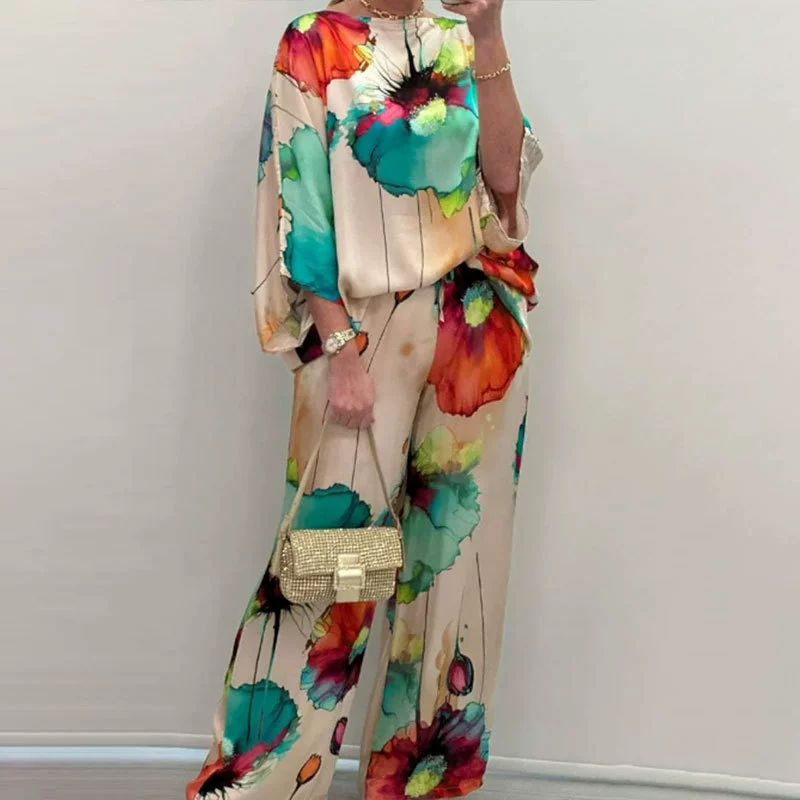 2025 Новый стиль Amazon европейские и американские женские летучие мыши с длинными рукавами брюки принты повседневная мода набор женщин 661