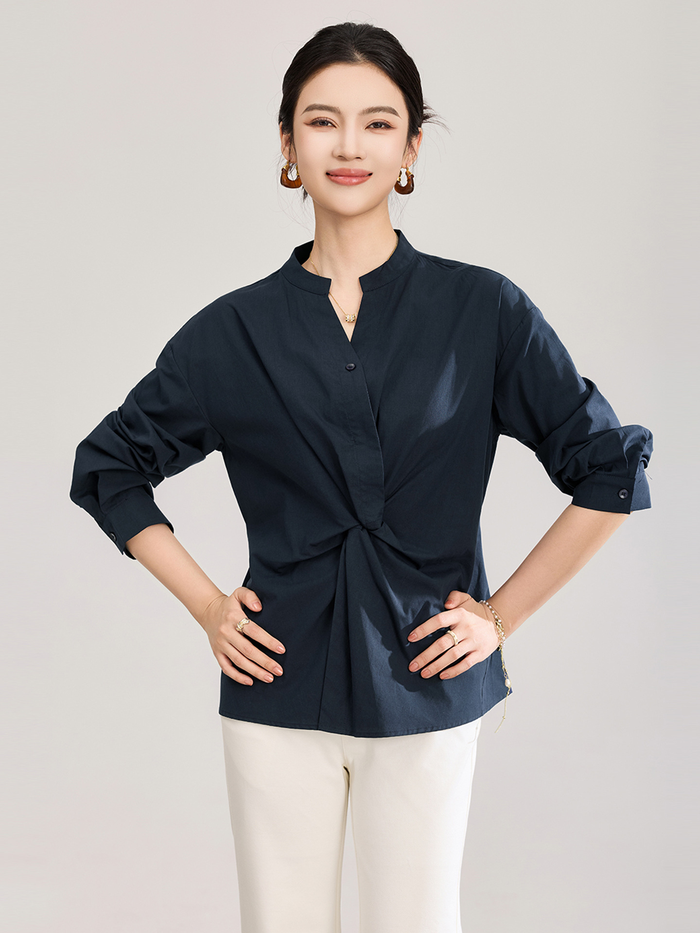 Áo sơ mi nữ dài tay chất lụa tencel phối xoắn thanh lịch — xanh lam