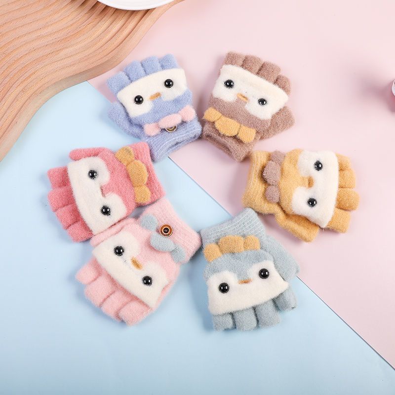 Niños guantes de medio dedo estudiantes de primaria caliente a prueba de frío guantes de dedo de punto 2025 nuevo guantes a prueba de viento y frío