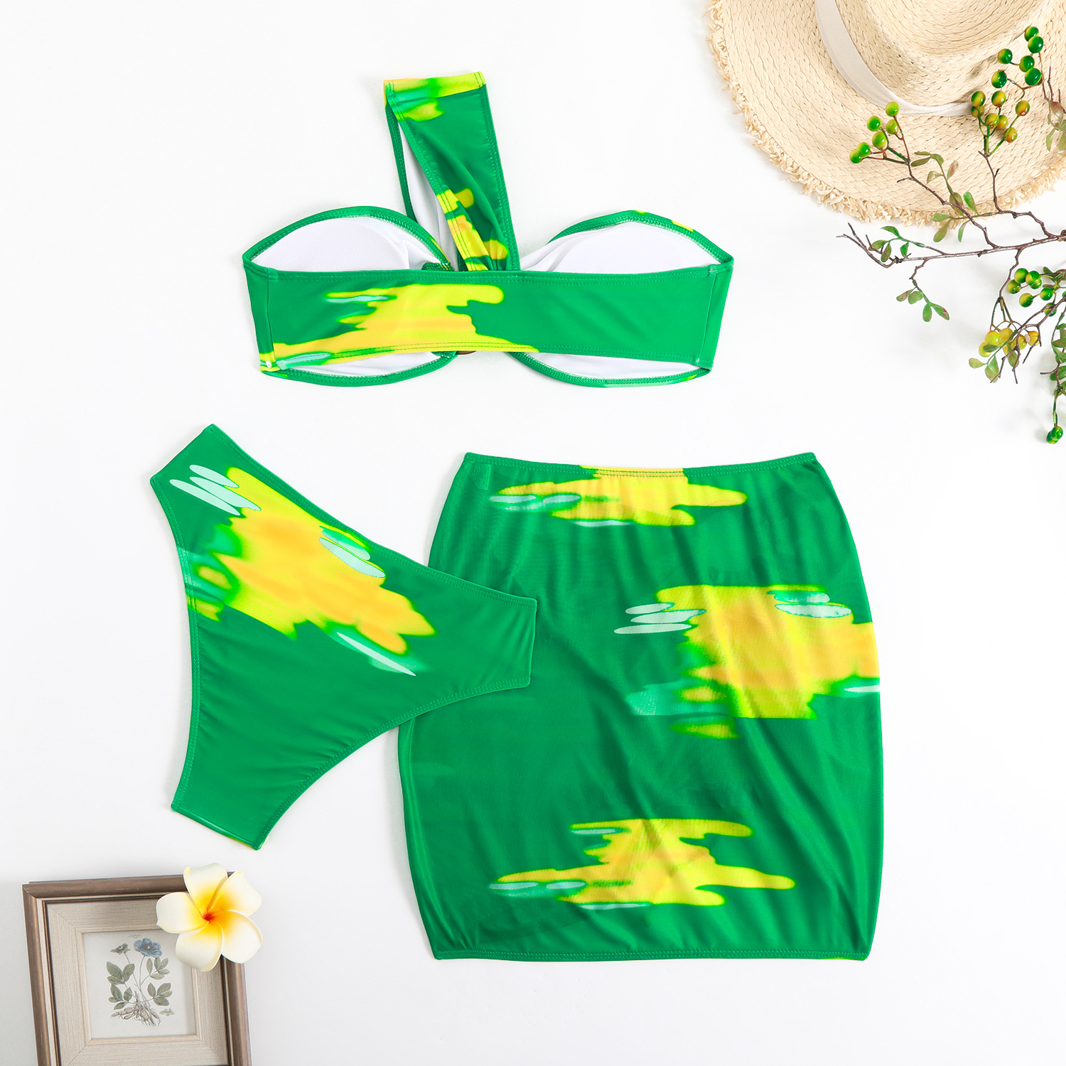 140g Weight Sleeveless Sleeve Length Polyester Fabric Type 3 Pieces Set Quantity Swimming Occasion One Shoulder Neckline Skinny Fit Type Colorful Pattern Women's Gender Sexy Style Women's Sexy Colorful 3 Pieces Set Bikinis Swimwear 27
