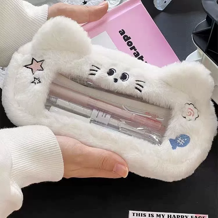 Та же плюшевая синяя сумка для карандашей для щенков и котят Little Red Book для студентов с высоким внешним видом и сумкой для хранения канцелярских принадлежностей с большим окном.