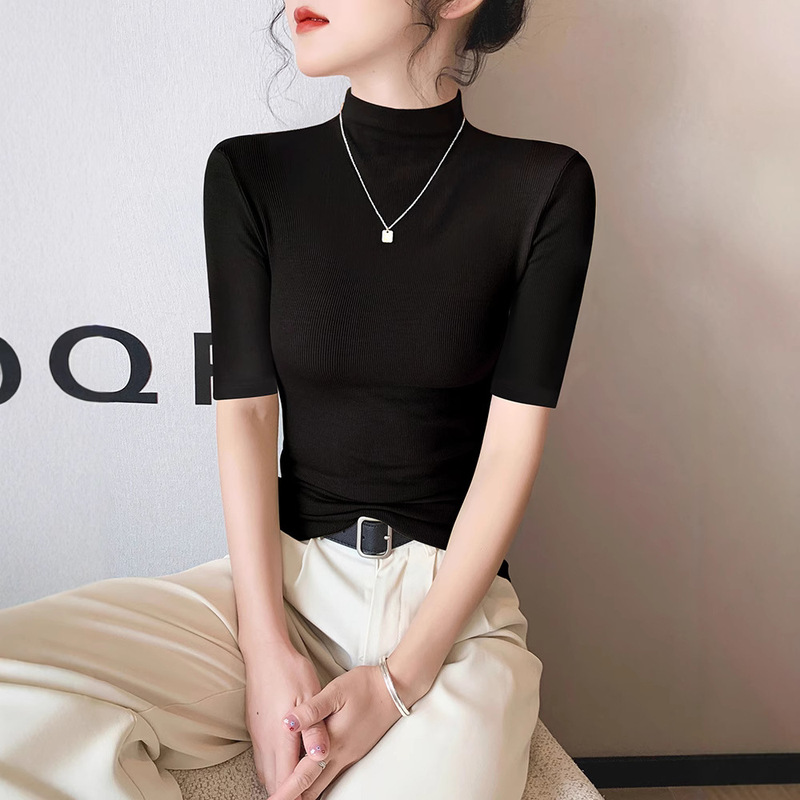 Modal Black Half Turtleneck Short-Sleeved T-Shirt for Women 2025 Spring and Summer Ice Silk Mid-Collar Half-Sleeved Bottoming Shirt Tight Top