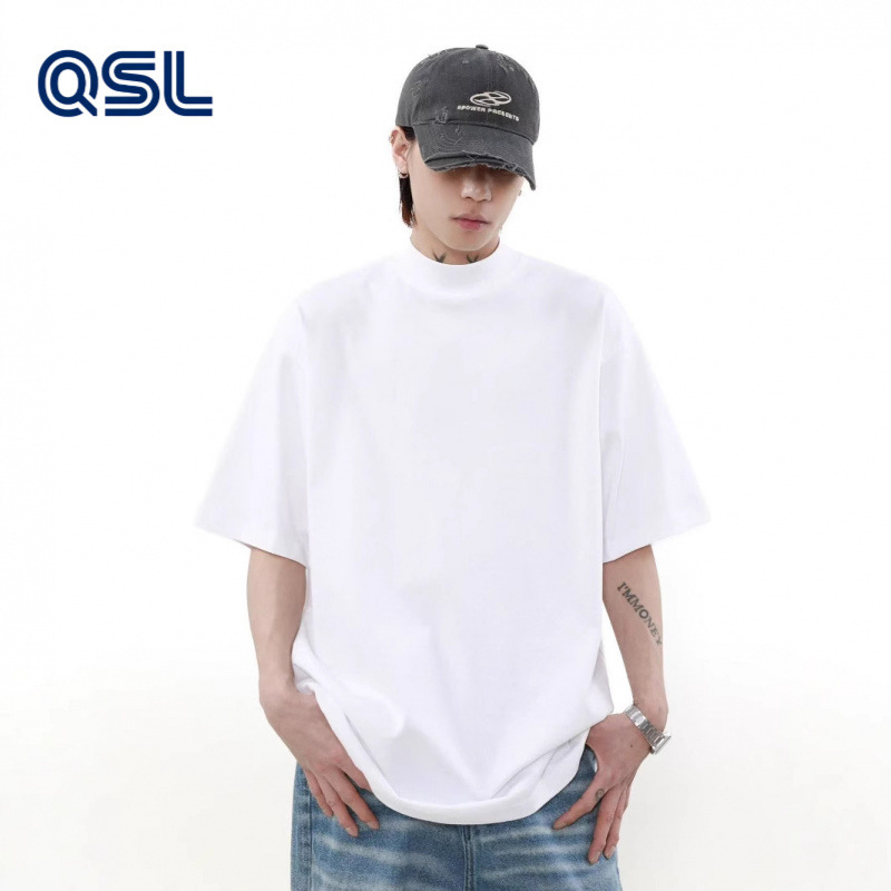 아메리칸 바지아 스타일 스몰 네크라인 하이넥 반팔 티셔츠 남성용 오프숄더 루즈 캐주얼 커플 스타일 인 다용도 탑