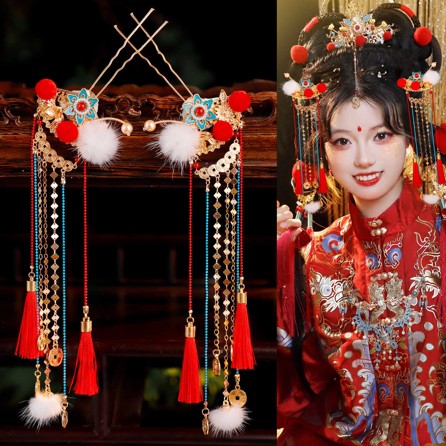 古风汉服古装百搭日常手工古装喜庆红色发钗气质宫廷写真发钗配饰
