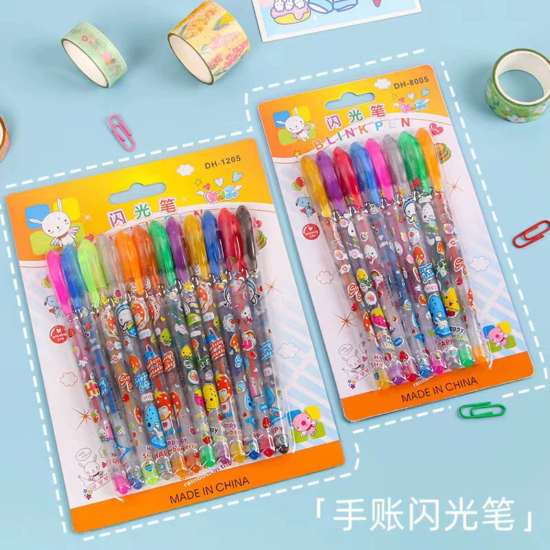Flashing fluorescence highlighter, coloured pencils, rollerball pen, scheduler