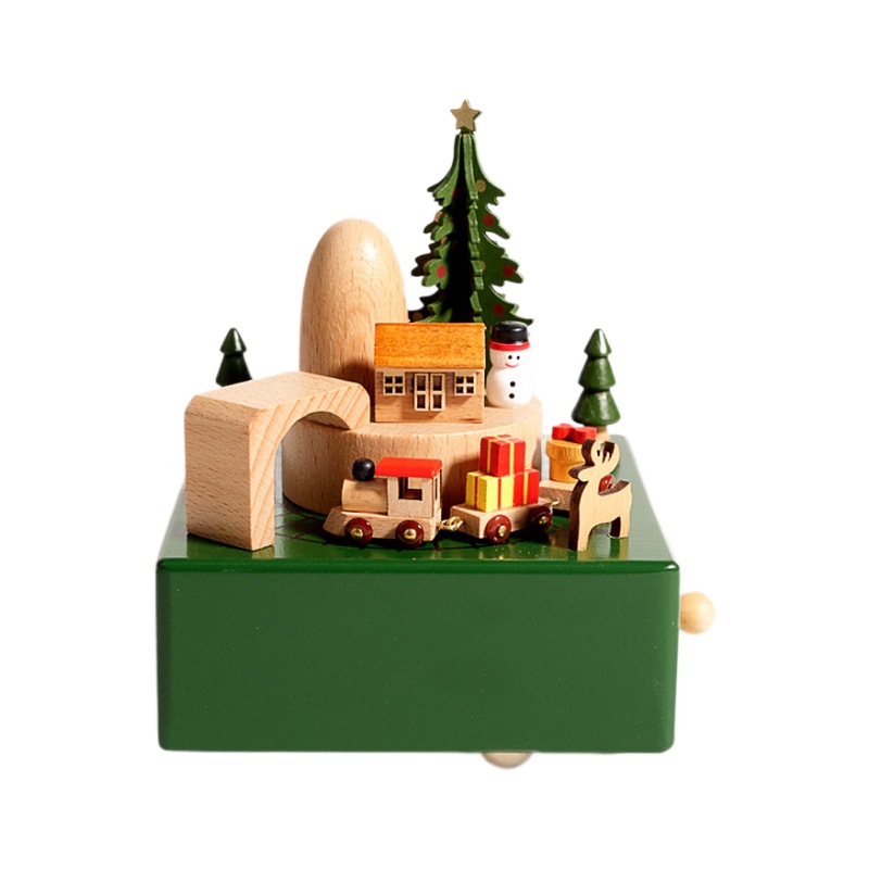Carruaje carruaje, caja de música de dibujos animados de madera maciza, caja de música giratoria, decoración de regalo de juguete de madera de iluminación para niños de 1 a 3 años