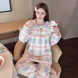 长毛绒睡衣少女2025冬季甜美花边长袖长裤加肥大码230斤胖M家居服