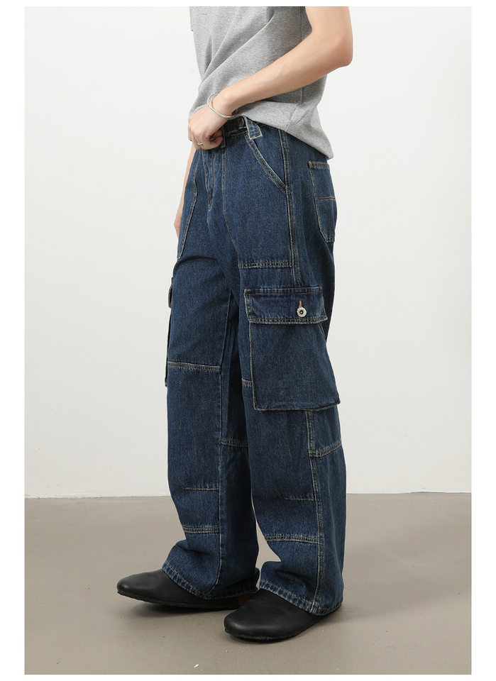 Quần jeans nam ống rộng thẳng phong cách đường phố, nhiều túi, lưng giữa eo — màu xanh đậm chi tiết 9