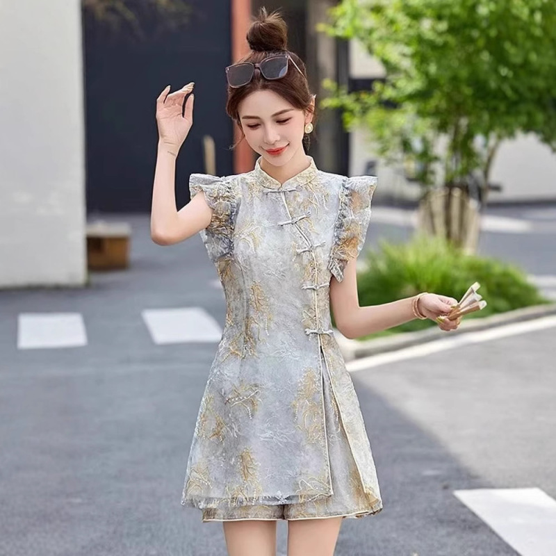 夏にぴったりのプラスサイズの太ったmmの新しい中国風改良チャイナドレストップとショーツのセット、女性用の高級スーツ|undefined