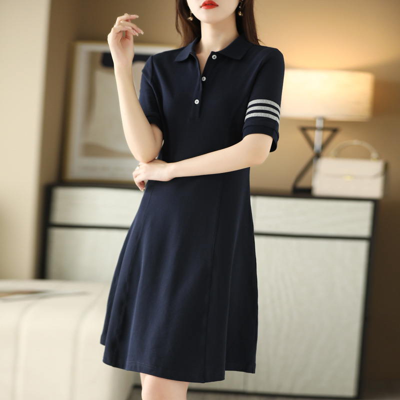Polo Collar Slimming Mid-length dress Women's 2024 Summer New Color Matching Fashionable All-match Large Swing Skirt Cotton Line Skirt