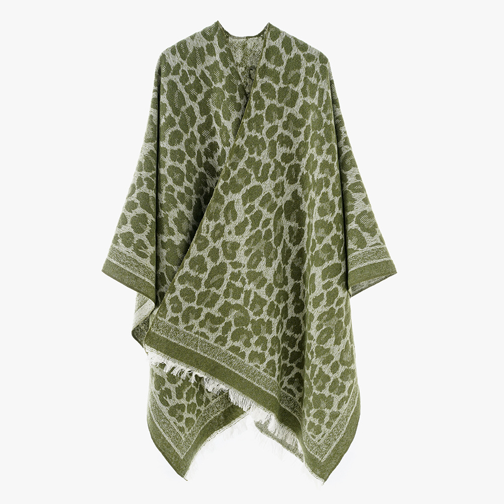 Mantón nuevo estilo europeo y americano moda todo-fósforo engrosamiento capa de lana cálida imitación cachemira capa abierta con estampado de leopardo