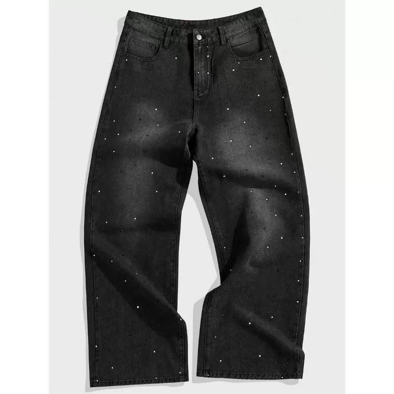 Мужские свободные джинсы с кристаллами, тёмно‑серый washed, relaxed fit