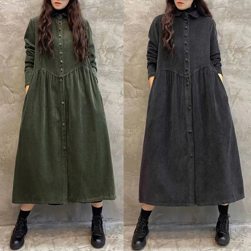 In-Stock 2025 Autumn and Winter Fleece-Lined Long-Sleeve Vintage Artistic Loose Mid-Length Corduroy Coat Trench Coat for Women