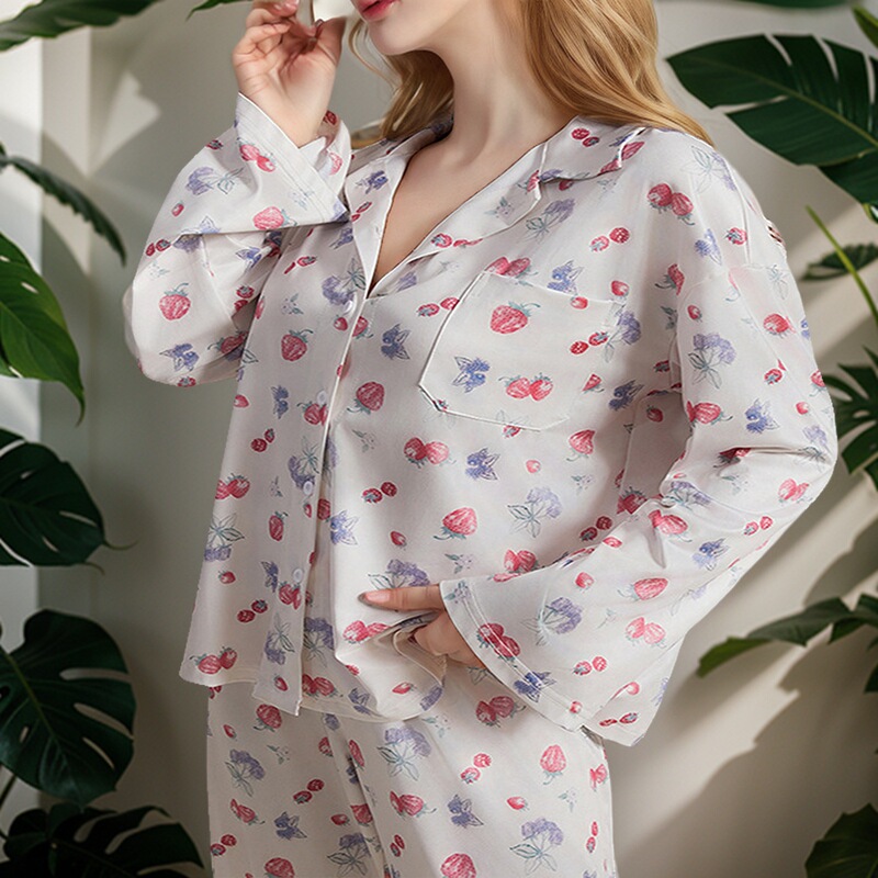 Women's Pajamas suit Long Sleeve Button Shirt Flower Fruit Print Wide Leg Pants Pajamas