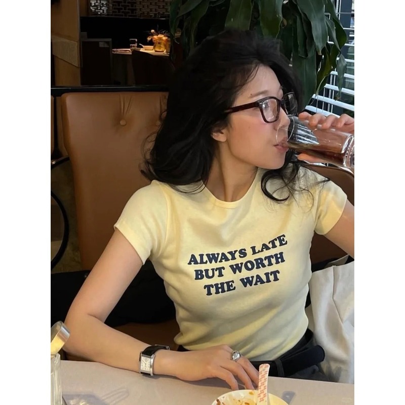 ピュアコットンテンダーイエローレタープリントショルダー半袖Tシャツレディース夏スリムウエストプリーツ韓国風ラウンドネックトップ|undefined